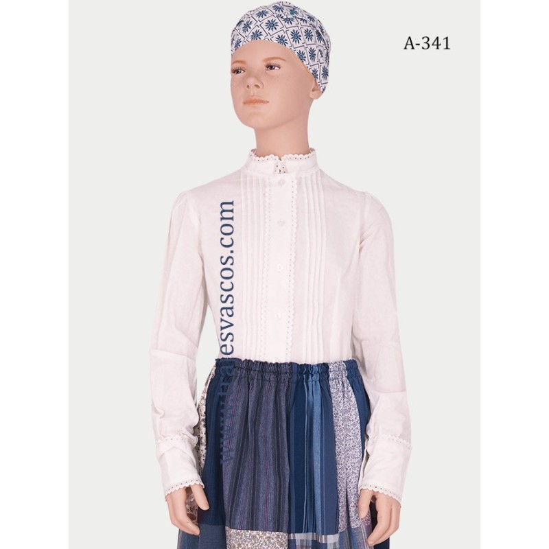 Blusa blanca con lorzas y puntillas para niña A341 - 1