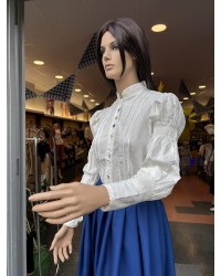 Blusa de lino con mangas abullonadas y detalles en azul M367