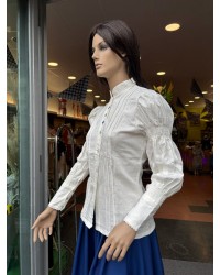 Blusa de lino con mangas abullonadas y detalles en azul M367