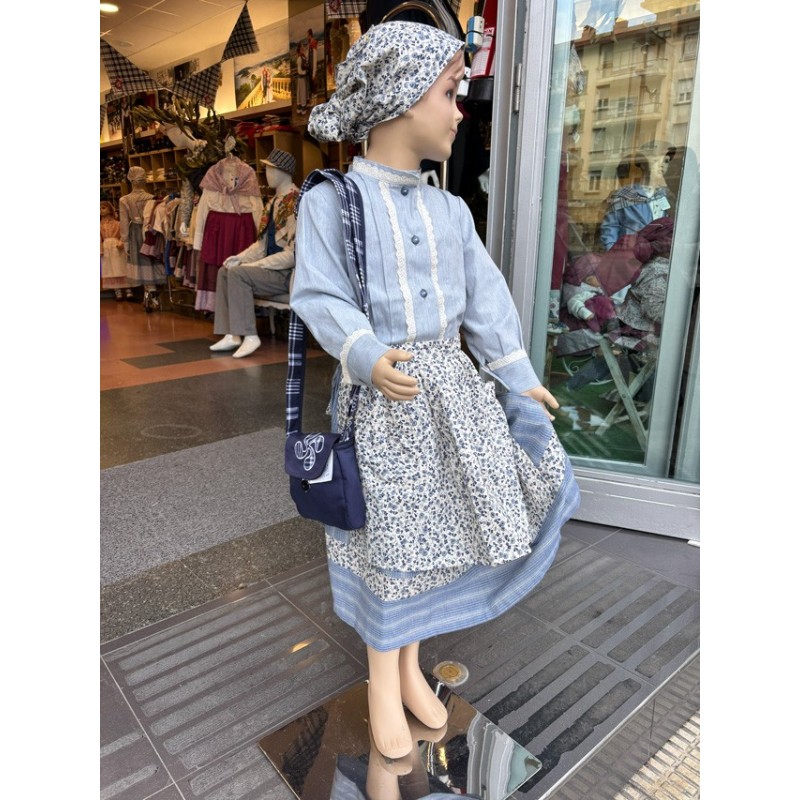 Conjunto traje vasco niña azul tradicional con delantal estampado A49