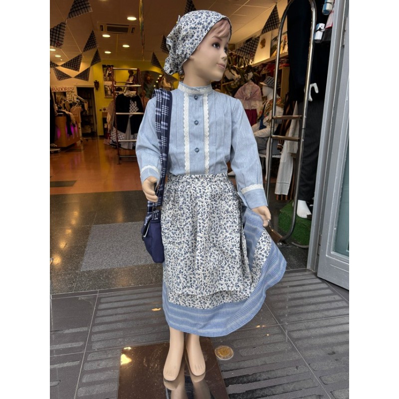 Conjunto traje vasco niña azul tradicional con delantal estampado A49
