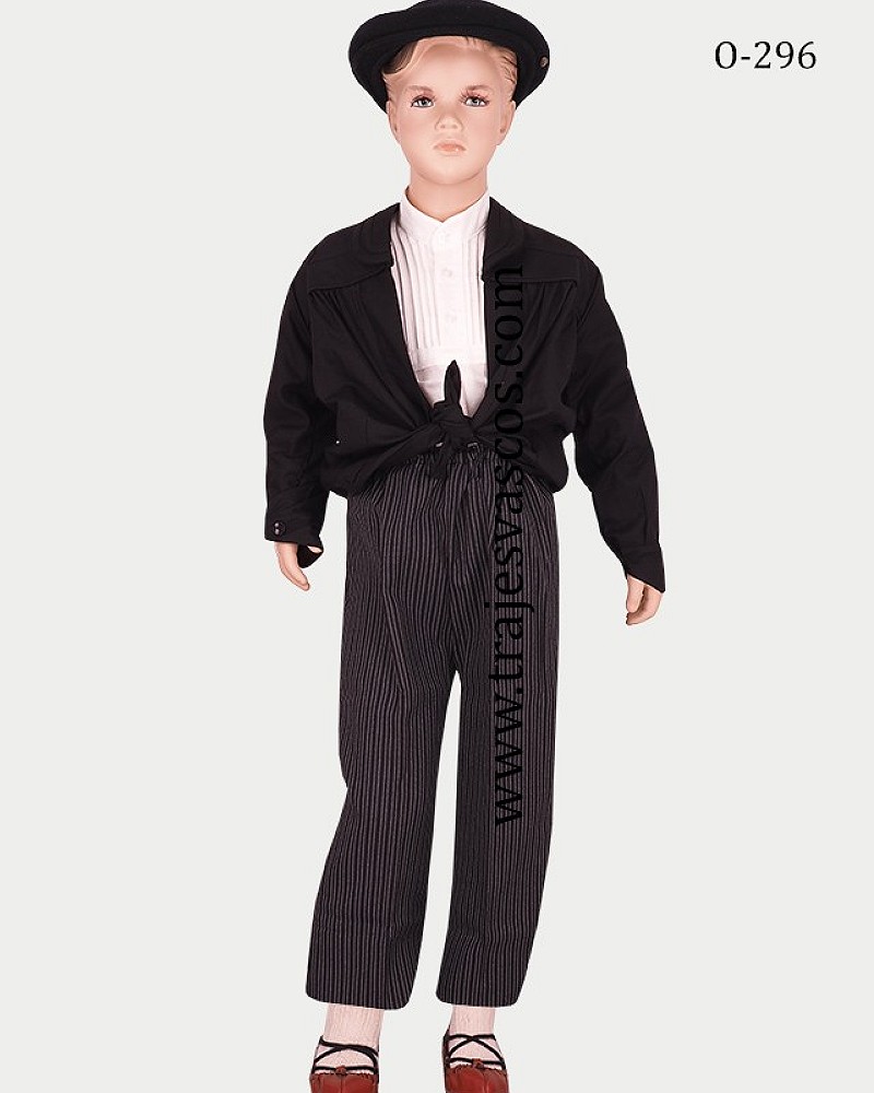 Traje vasco niño estilo blusón negro - txapela y pantalón de rayas