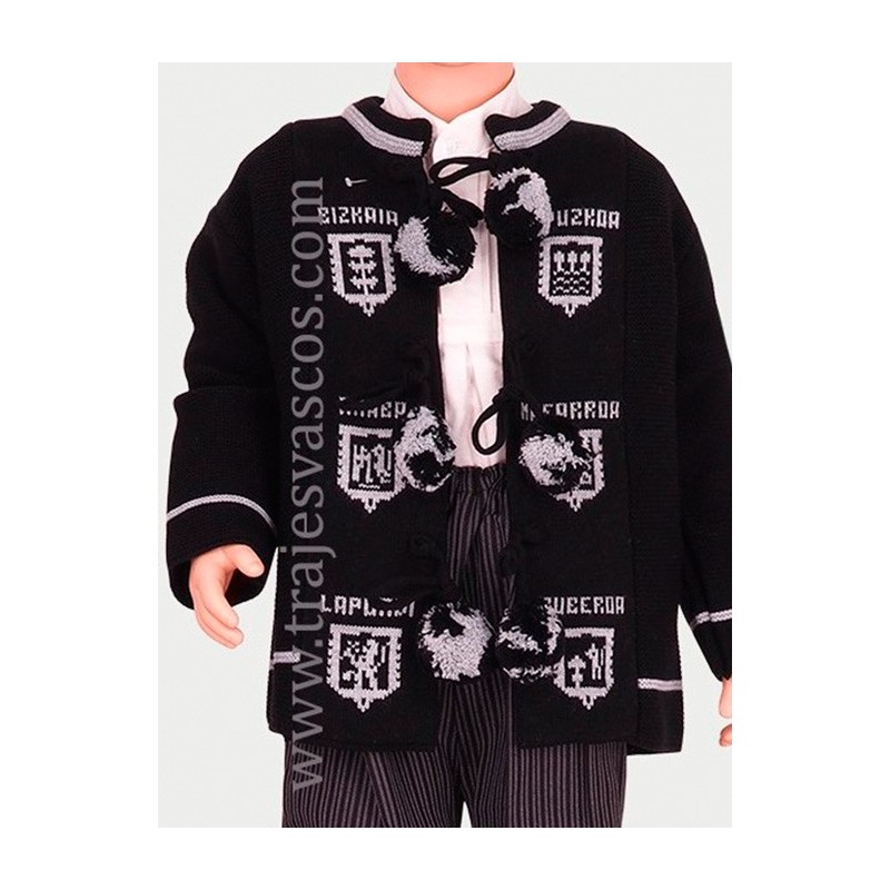 Traje vasco niño con mendigozal negro – txapela, gerriko rojo y rayas