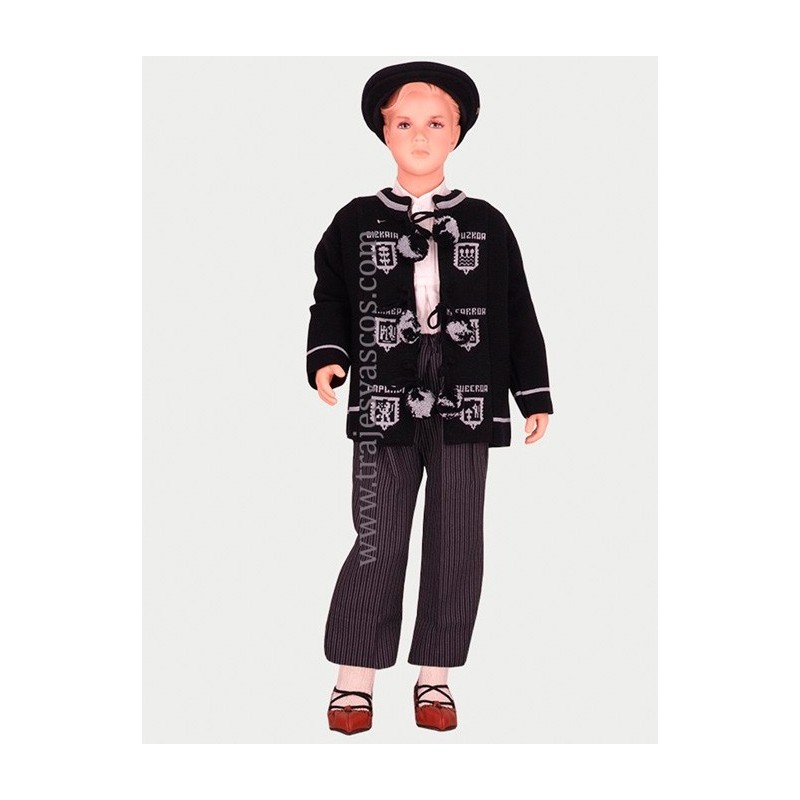 Traje vasco niño con mendigozal negro – txapela, gerriko rojo y rayas
