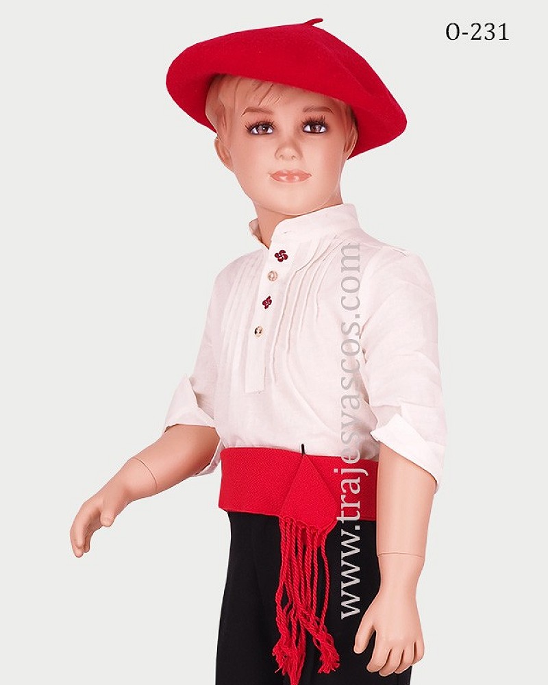 Traje vasco niño con camisa bordada lauburus – gerriko rojo y pantalón de rayas
