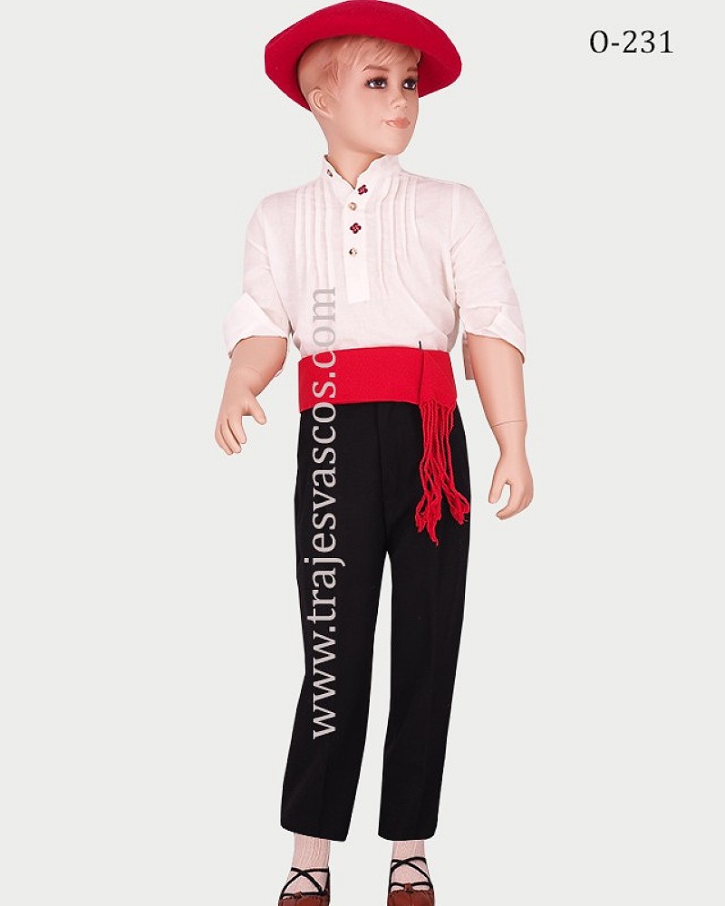 Traje vasco niño con camisa bordada lauburus – gerriko rojo y pantalón de rayas