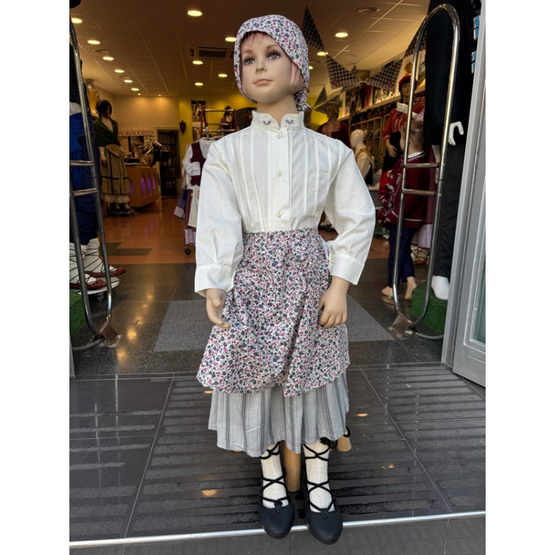 Conjunto tradicional niña gris y rosa con blusa, falda y pañuelo floral