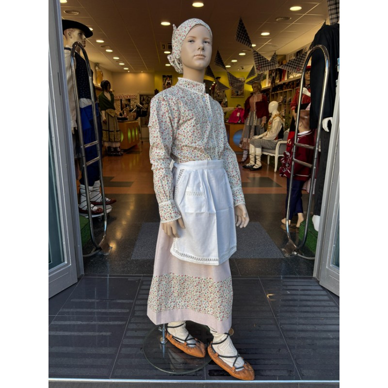 Conjunto tradicional niña con blusa, falda, pañuelo y delantal