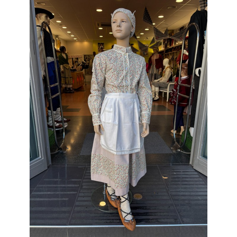 Conjunto tradicional niña con blusa, falda, pañuelo y delantal