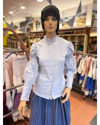 Blusa vasca azul con mangas abullonadas y lorzas