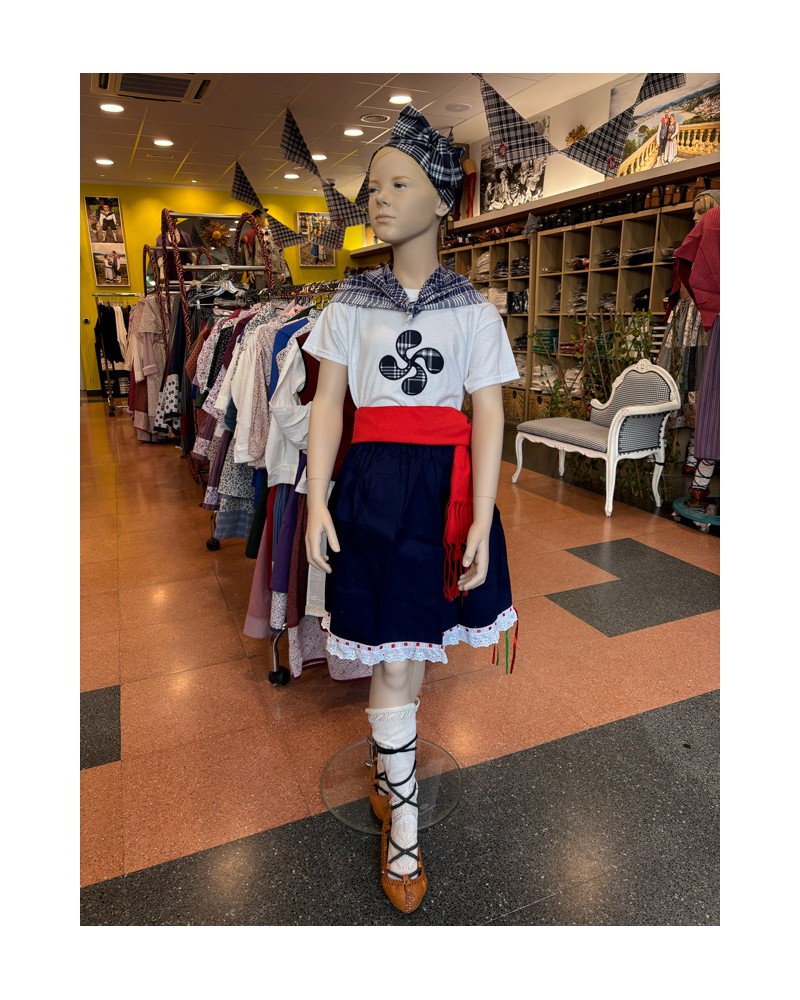 Pack traje vasco básico de niña con falda mahón y gerriko rojo