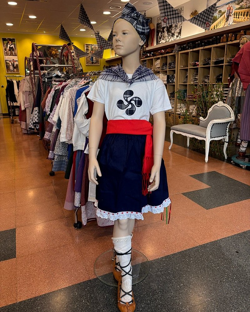 Pack traje vasco básico de niña con falda mahón y gerriko rojo
