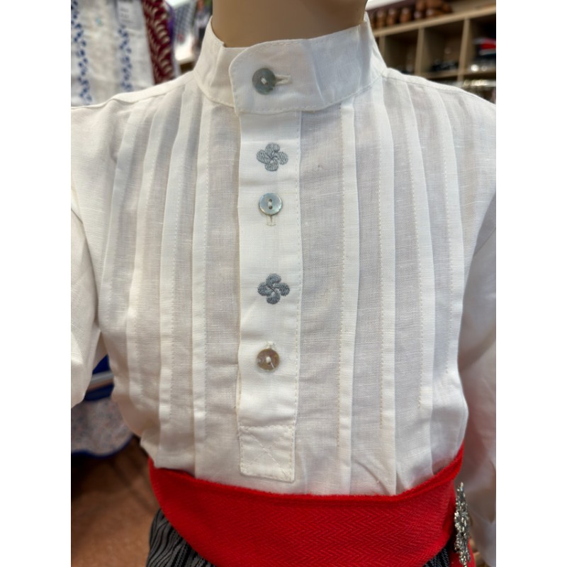 Camisa tradicional vasca infantil blanca con lauburus bordados grises