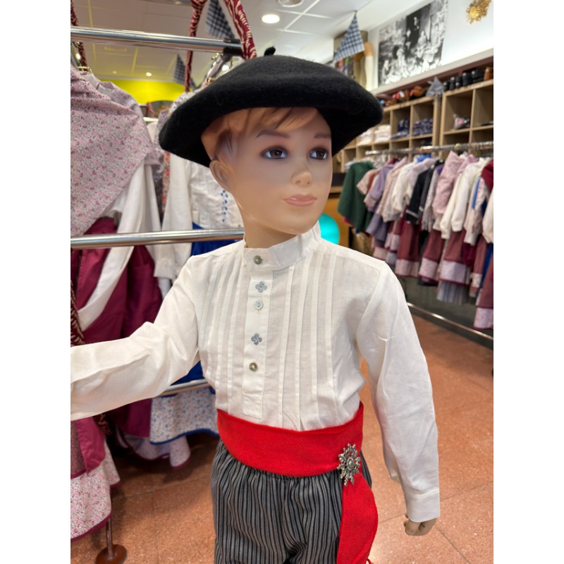 Camisa tradicional vasca infantil blanca con lauburus bordados grises