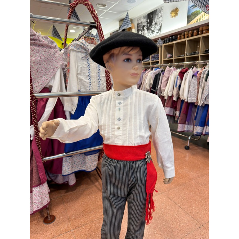 Camisa tradicional vasca infantil blanca con lauburus bordados grises