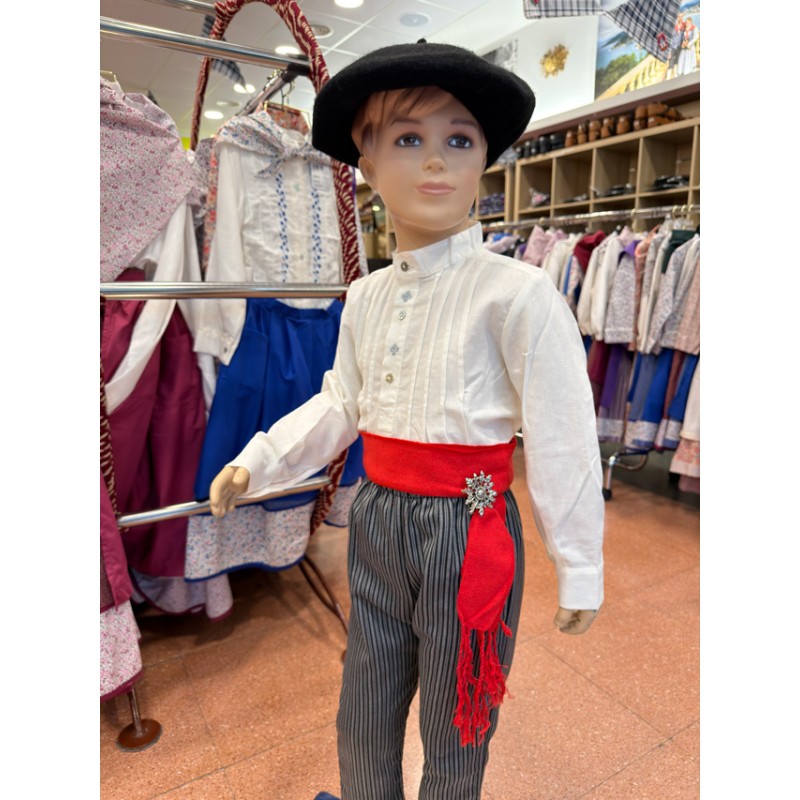 Camisa tradicional vasca infantil blanca con lauburus bordados grises