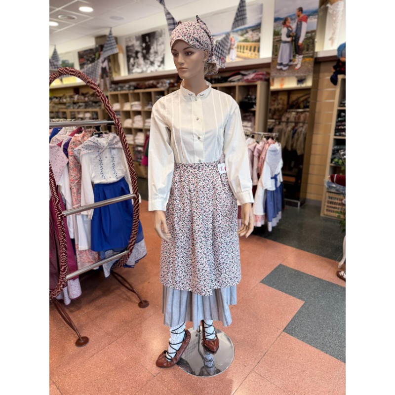 Conjunto de traje vasco mujer estampado con blusa, falda, delantal y pañuelo