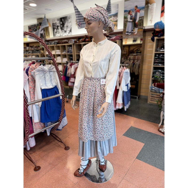 Conjunto de traje vasco mujer estampado con blusa, falda, delantal y pañuelo
