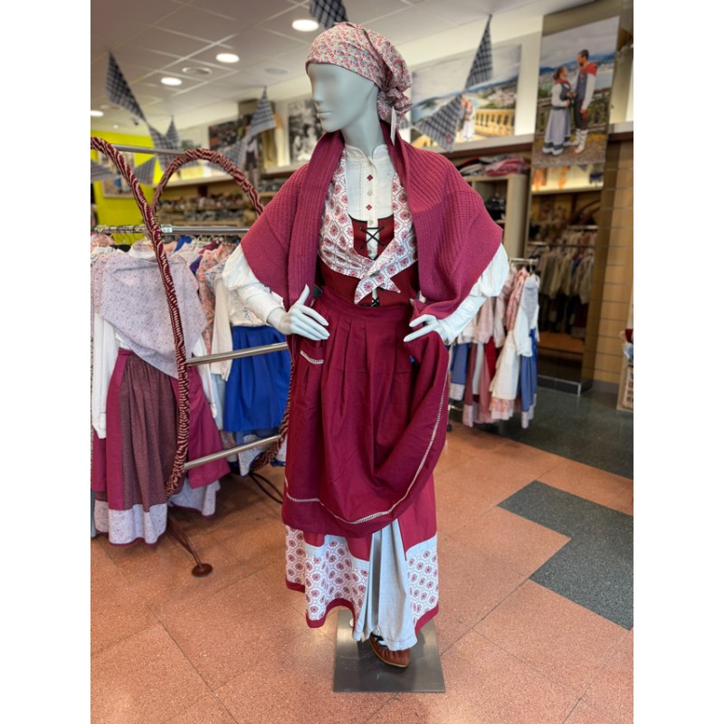 Traje vasco mujer granate completo con corpiño, falda, toquilla y pañuelo