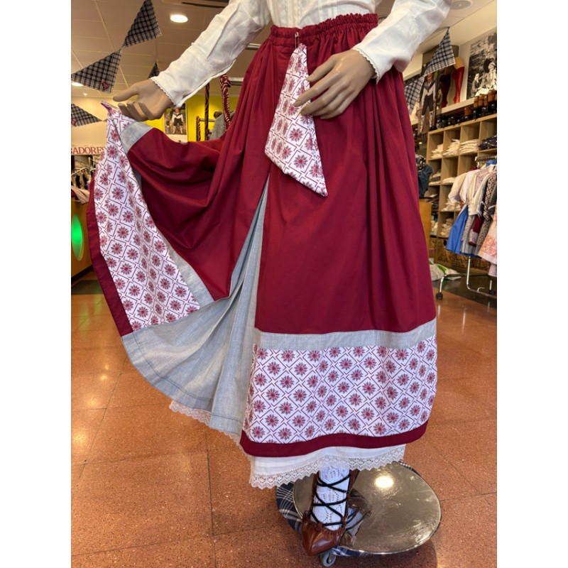 Traje vasco mujer granate completo con corpiño, falda, toquilla y pañuelo