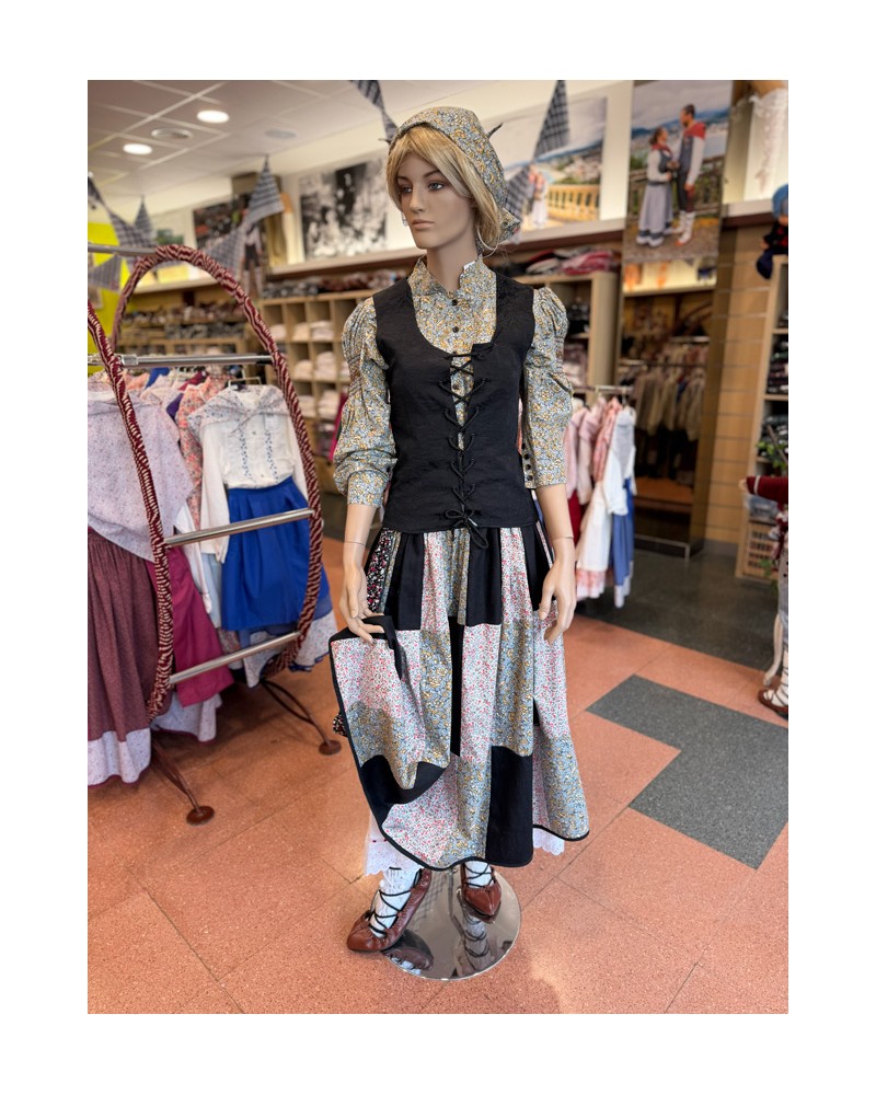 Traje vasco mujer completo negro con corpiño, falda estampada y pañuelo