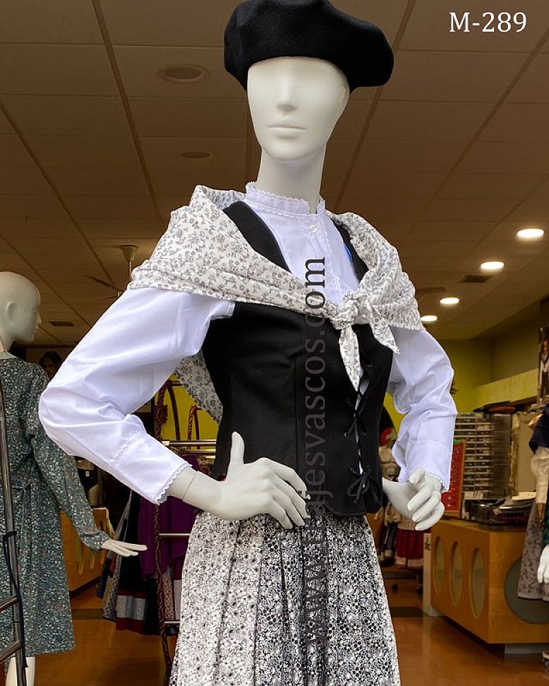 Traje vasco mujer completo negro con corpiño, falda estampada y pañuelo - Traje de Aldeana Vasca de Mujer