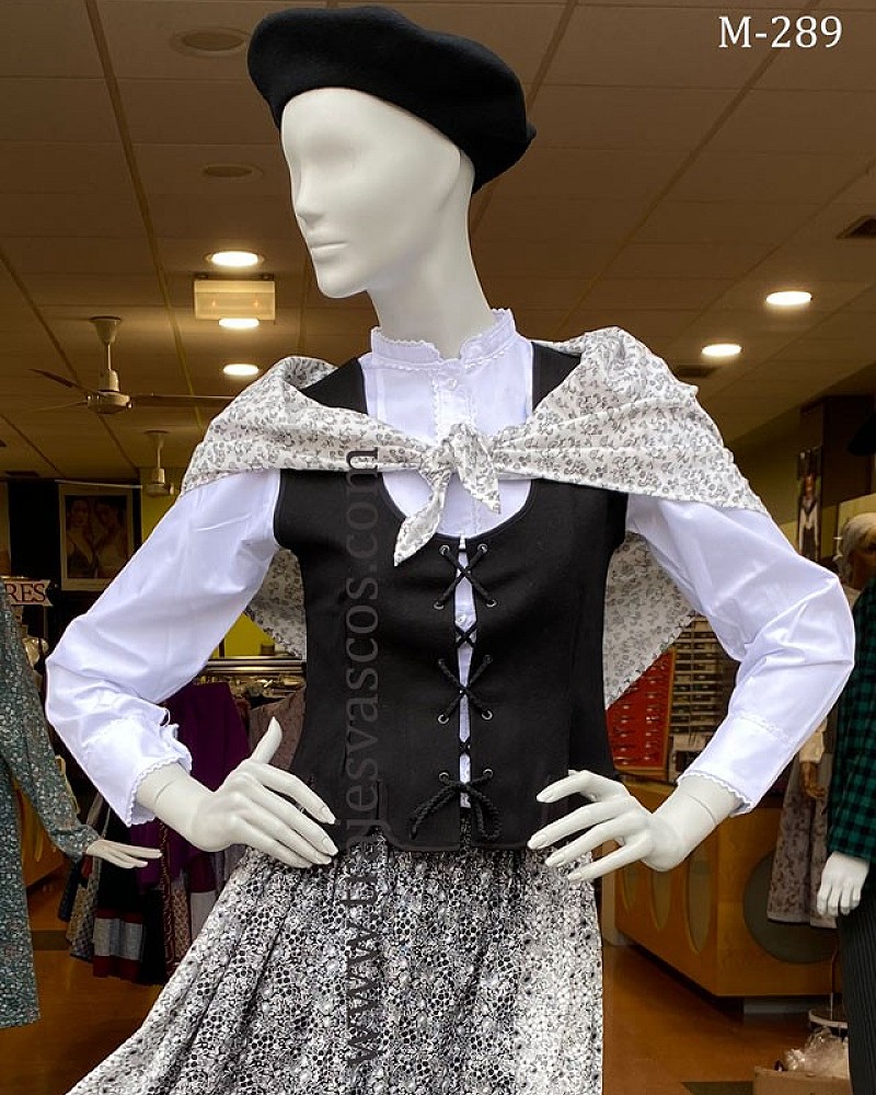 Traje vasco mujer completo negro con corpiño, falda estampada y pañuelo - Traje de Aldeana Vasca de Mujer