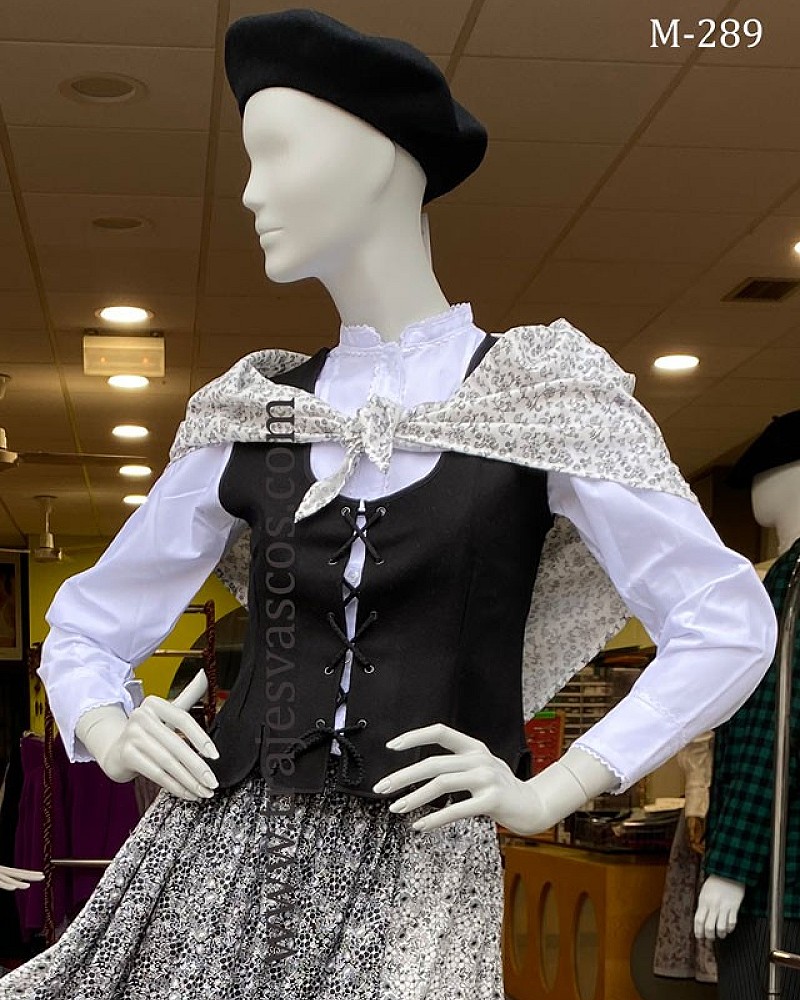 Traje vasco mujer completo negro con corpiño, falda estampada y pañuelo - Traje de Aldeana Vasca de Mujer
