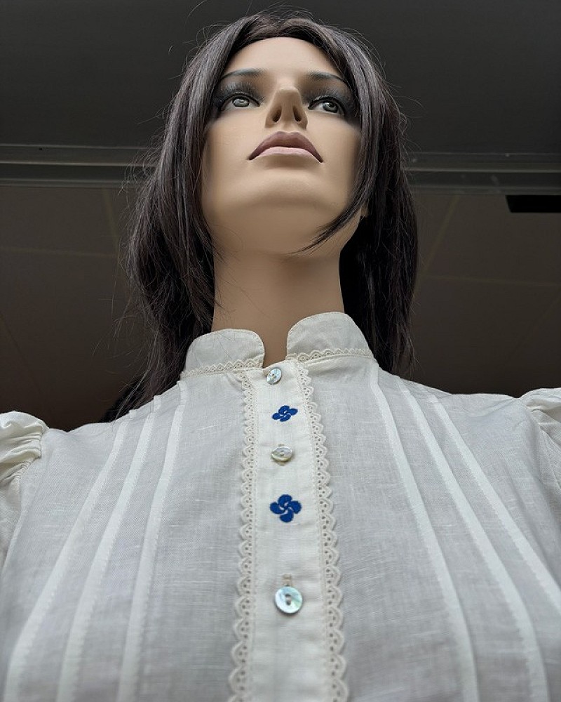 Traje vasco mujer con blusa abullonada bordada y falda azul con pañuelo - traje baserritarra regional tradicional de aldeana