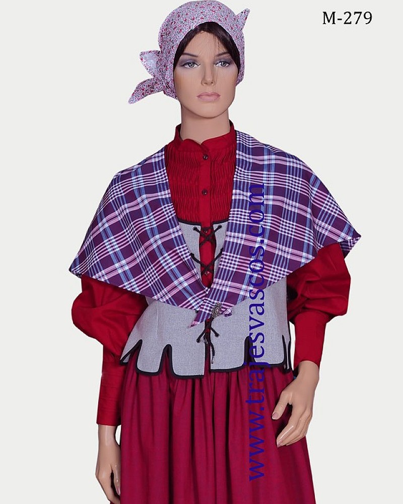Traje vasco mujer con falda azul de eguzkilores y corpiño gris - conjunto baserritarra regional tradicional de casera vasca
