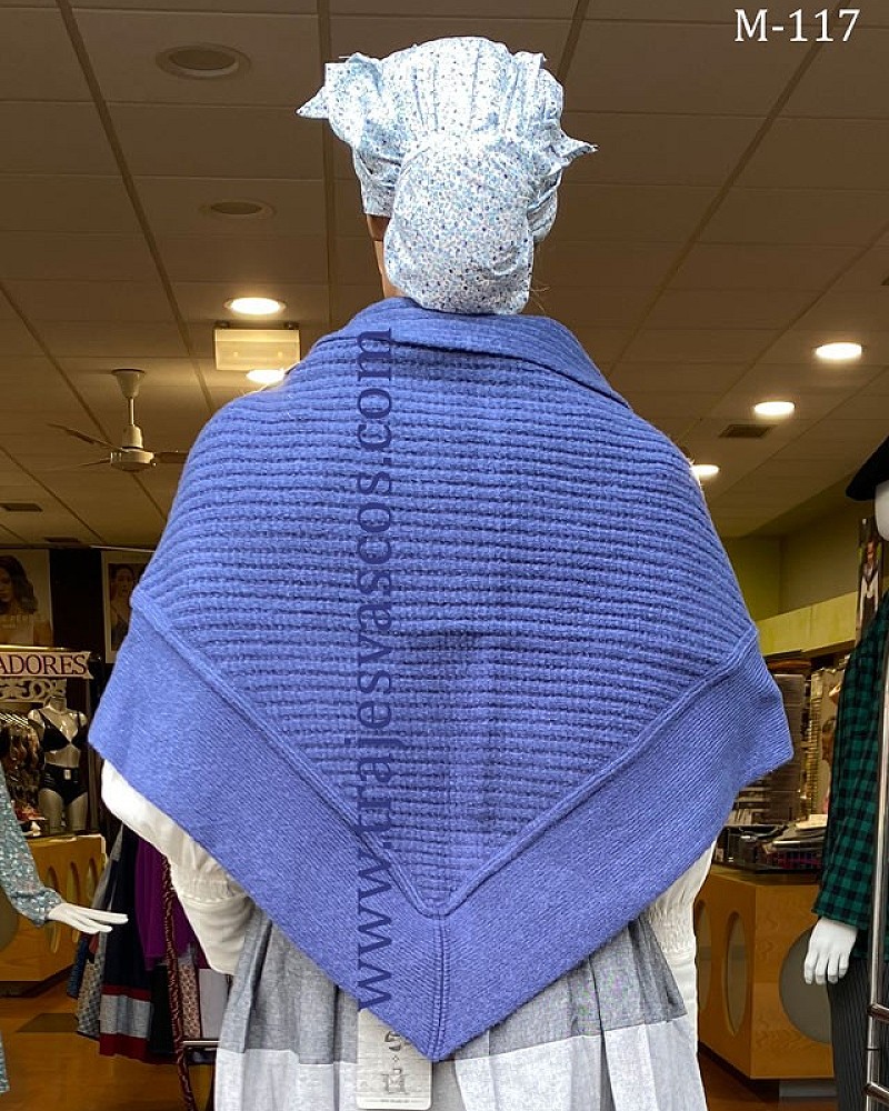 Traje vasco mujer con falda azul de eguzkilores y corpiño gris - conjunto baserritarra regional tradicional de casera vasca