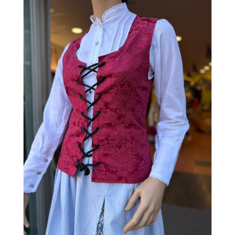 Corpiño vasco granate adamascado con cordones tradicionales