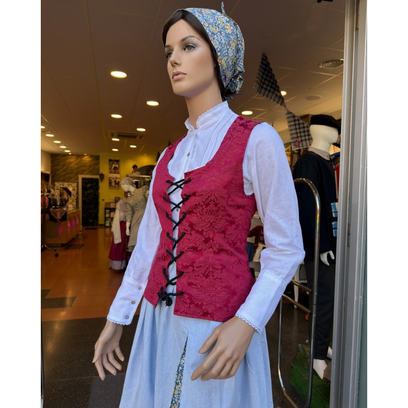 Corpiño vasco granate adamascado con cordones tradicionales