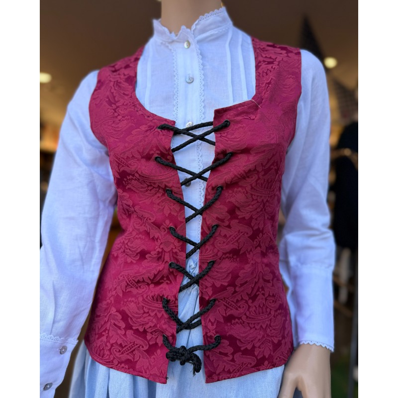 Corpiño vasco granate adamascado con cordones tradicionales
