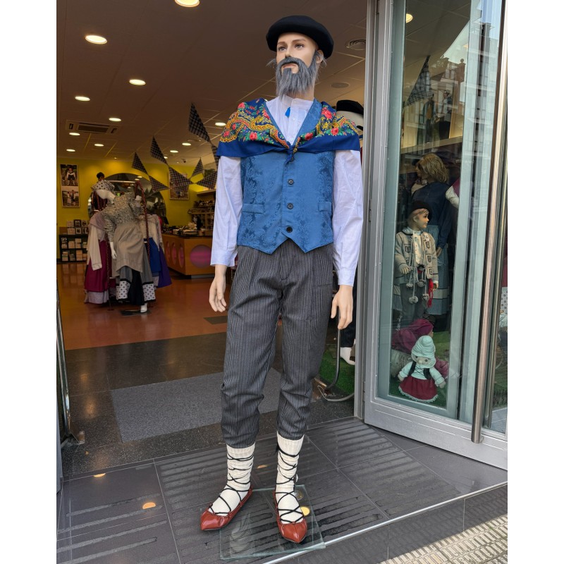 Traje vasco completo hombre con chaleco azul adamascado pantalón de rayas y pañuelo tradicional