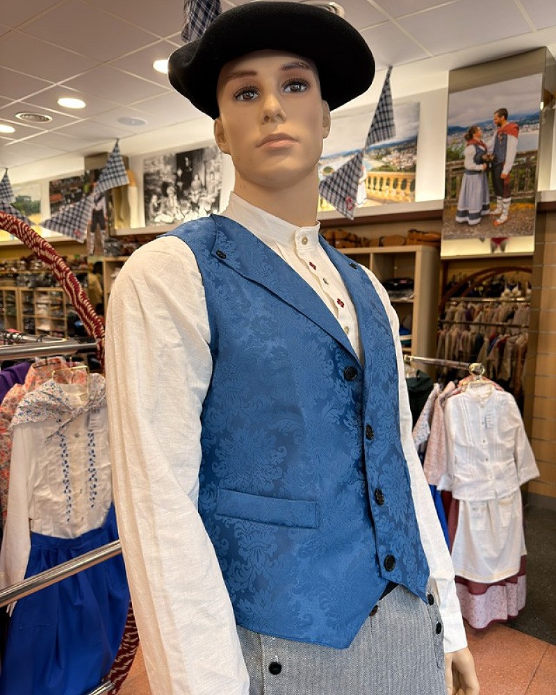 Traje vasco completo hombre con chaleco azul adamascado y pantalón de rayas - traje de baserritarra regional
