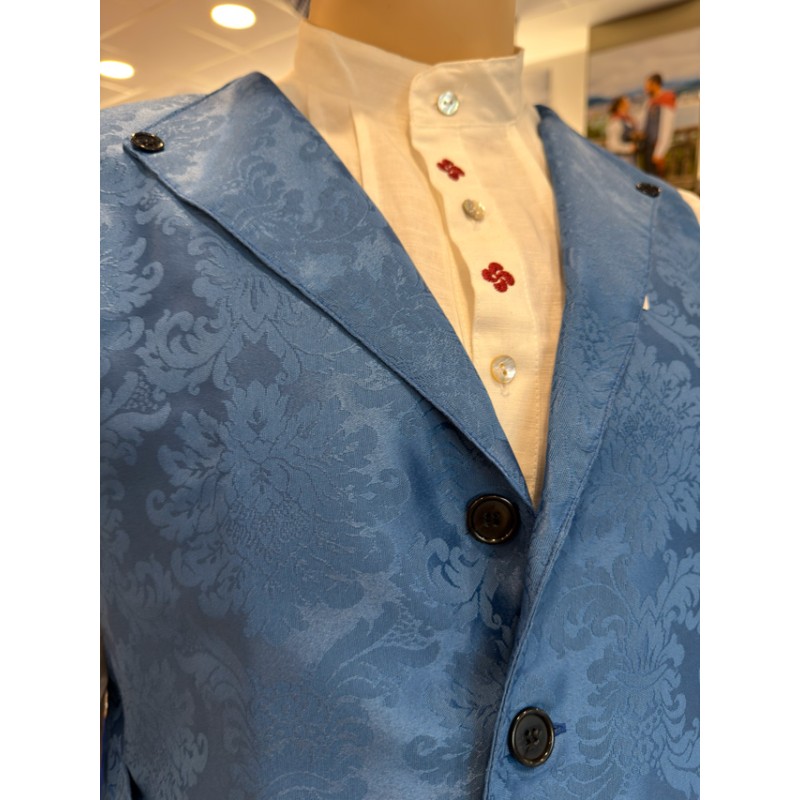 Traje vasco completo hombre con chaleco azul adamascado pantalón de rayas y pañuelo tradicional
