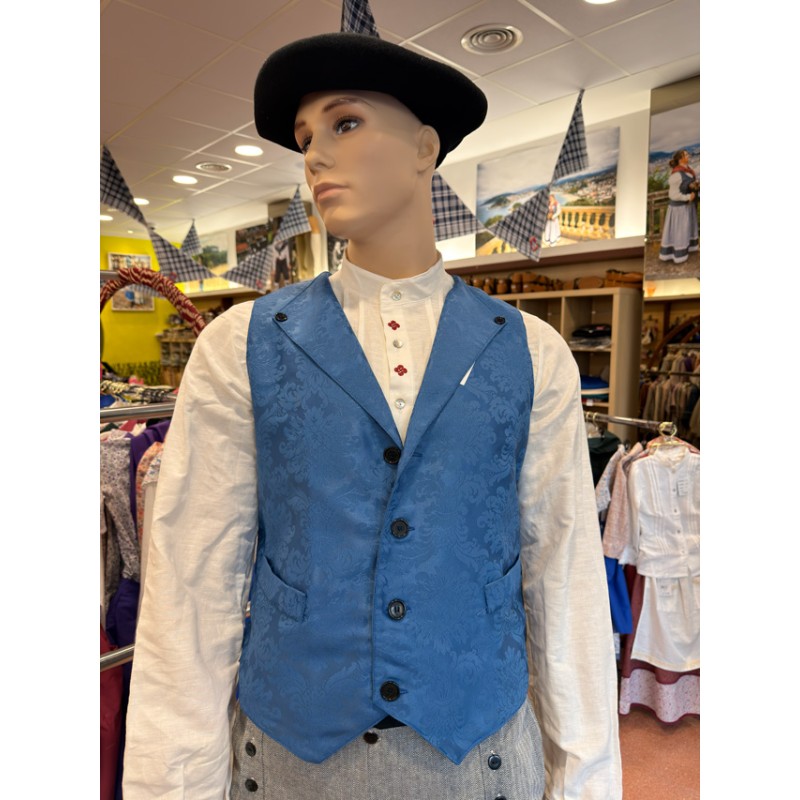 Traje vasco completo hombre con chaleco azul adamascado pantalón de rayas y pañuelo tradicional