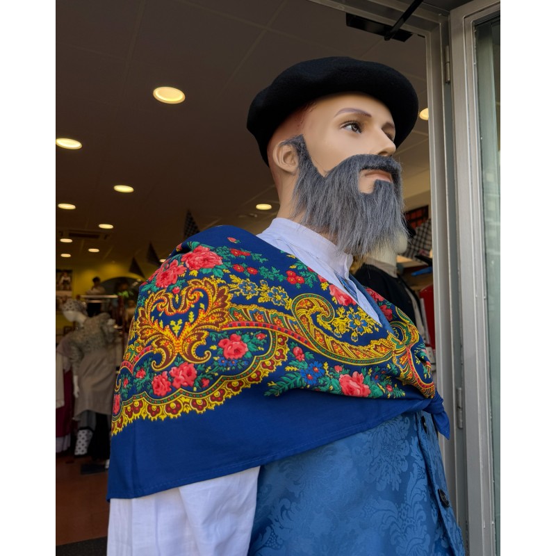 Traje vasco completo hombre con chaleco azul adamascado pantalón de rayas y pañuelo tradicional