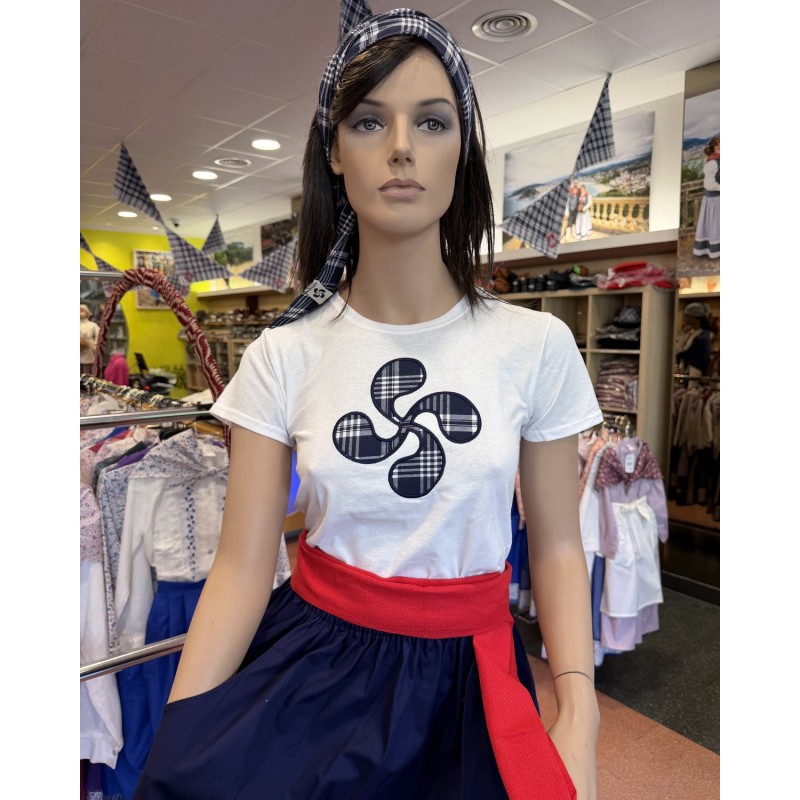 Camiseta Lauburu Blanca de Manga Corta para Mujer - Bordado Vasco