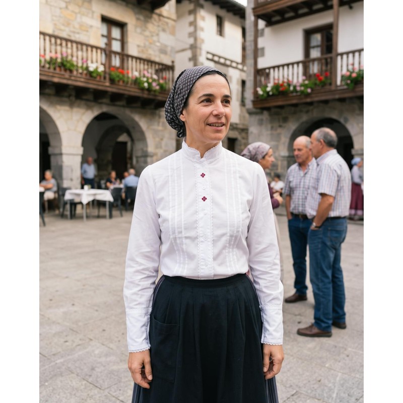 Blusa vasca blanca de mujer con lorzas y bordado de laburus granates - Blusa de Aldeana Vasca