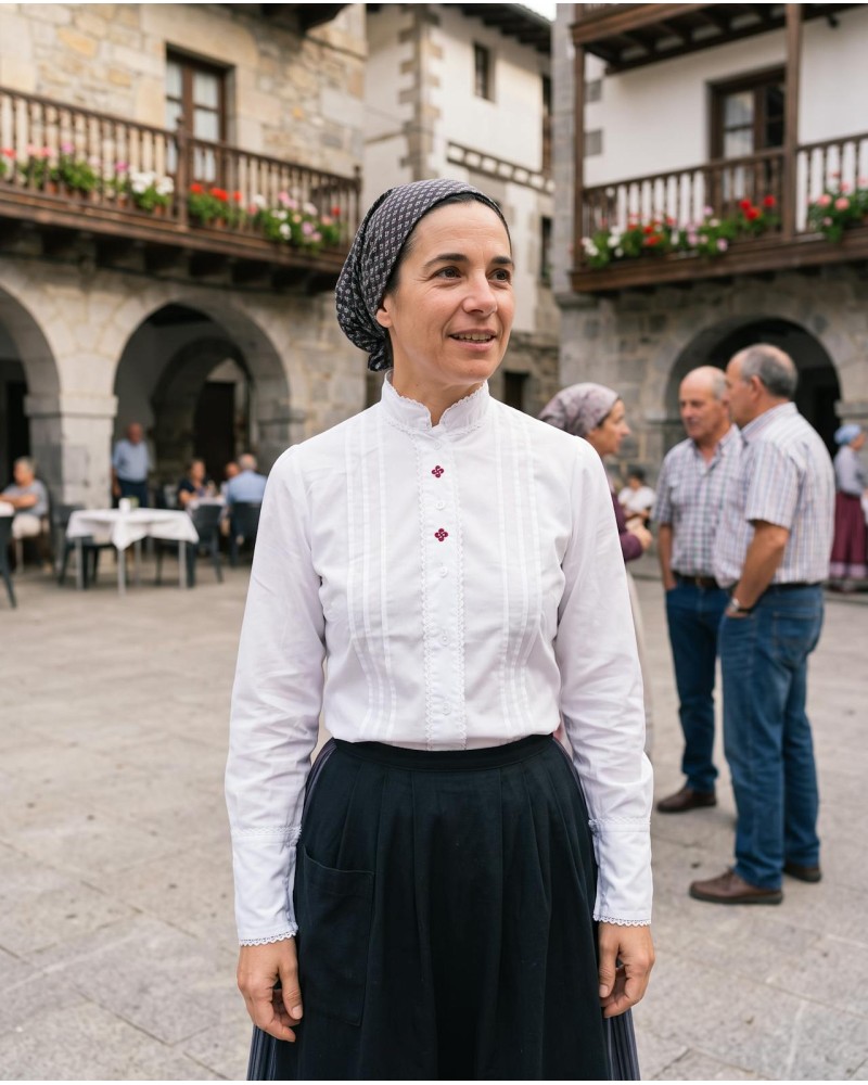 Blusa vasca blanca de mujer con lorzas y bordado de laburus granates - Blusa de Aldeana Vasca