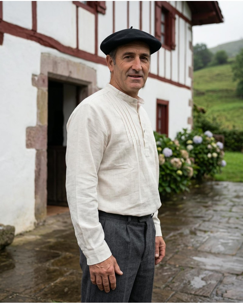 Camisa vasca de lino cruda para hombre tradicional Euskal Jantziak