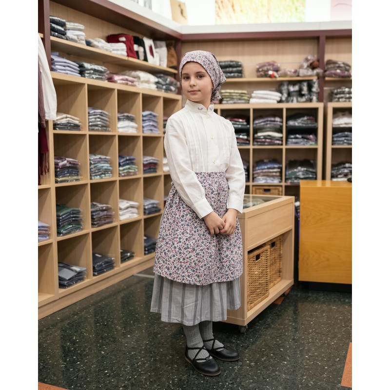 Conjunto tradicional niña gris y rosa con blusa, falda y pañuelo floral - Traje de Neska de Niña