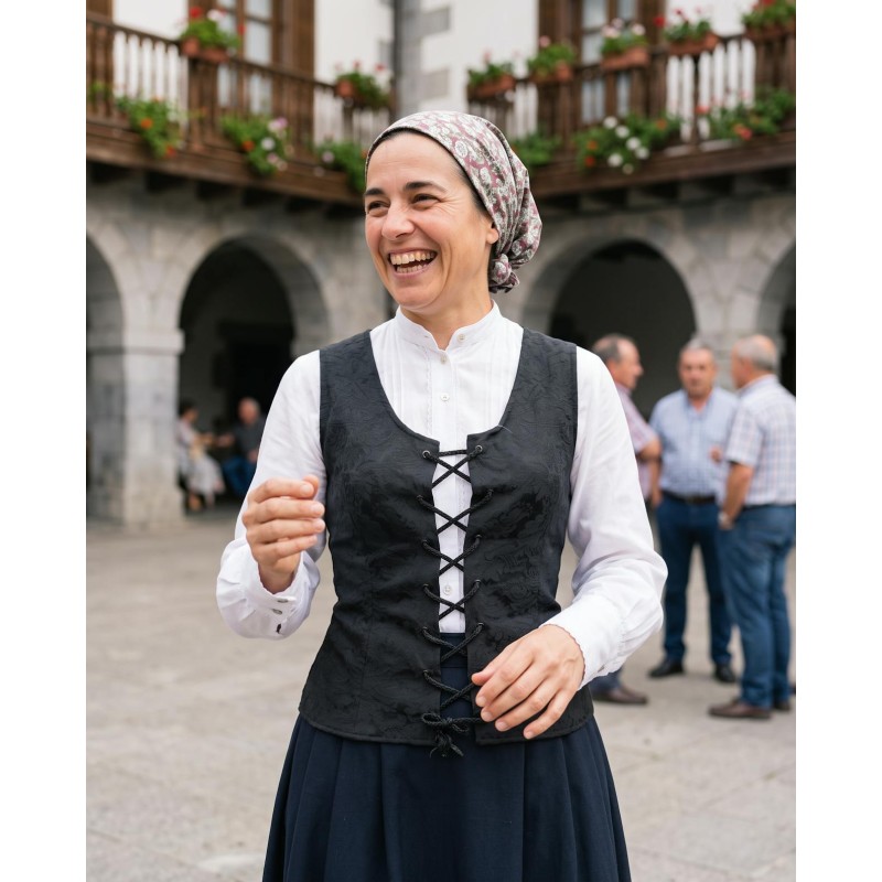 Corpiño vasco negro adamascado tradicional ajustable