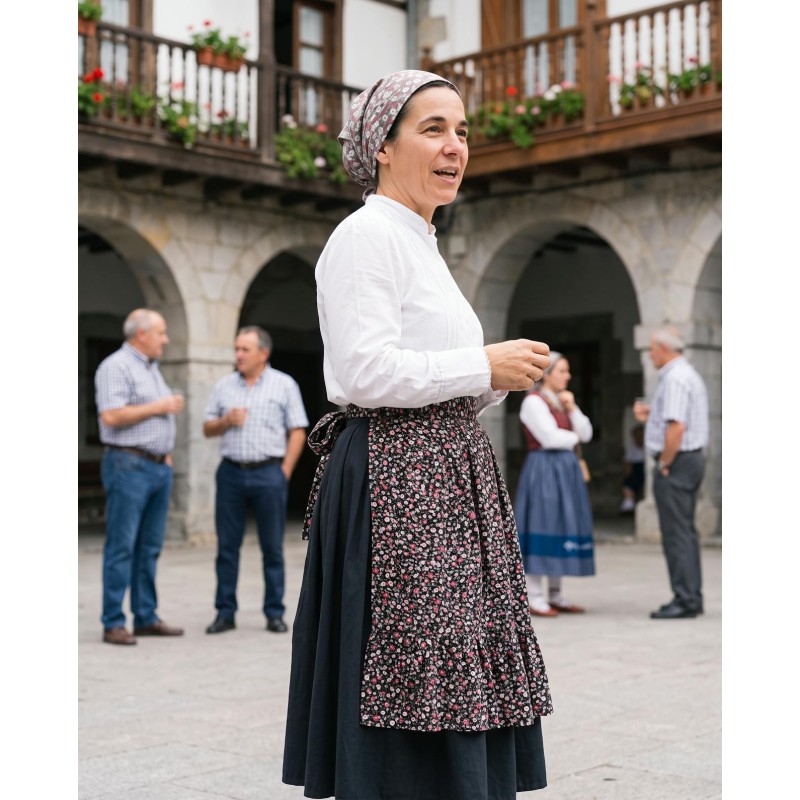 Delantal vasco de mujer negro con estampado floral