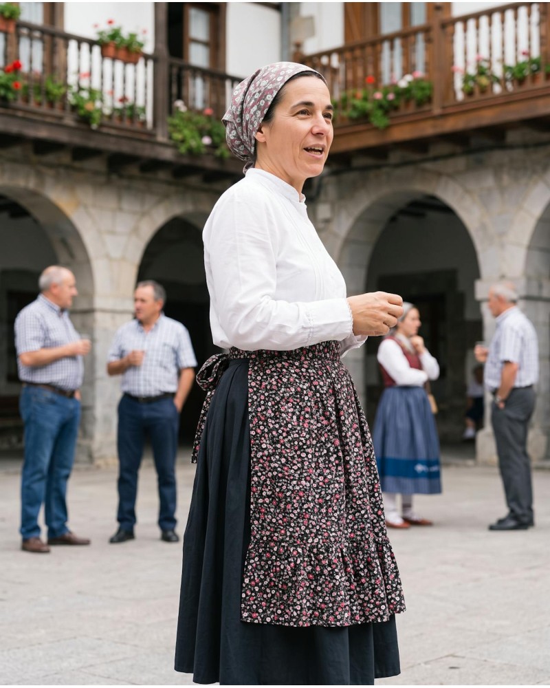 Delantal vasco de mujer negro con estampado floral