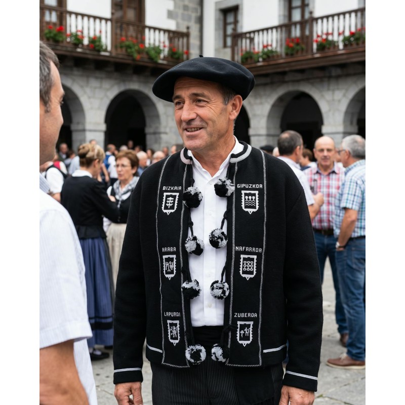 Mendigozal negro tradicional vasco con pompones grises H122