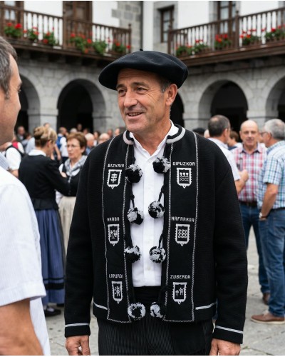 Mendigozal negro tradicional vasco con pompones grises H122