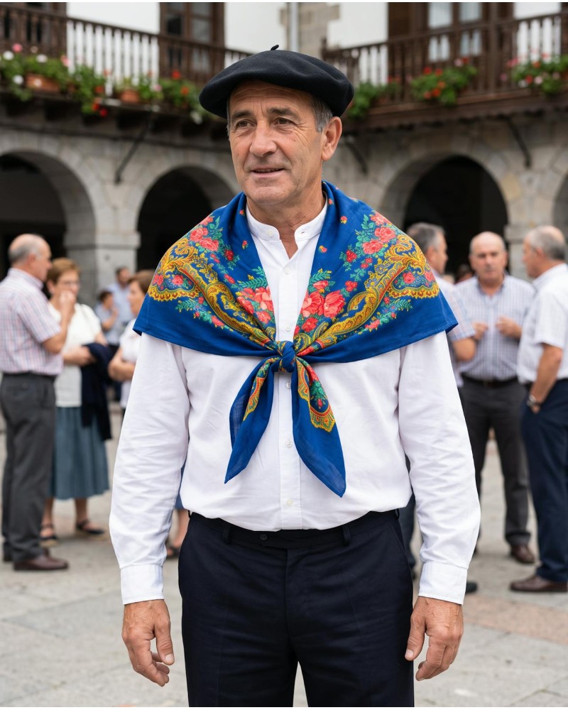 Pañuelo vasco azul estilo portugués con estampado tradicional